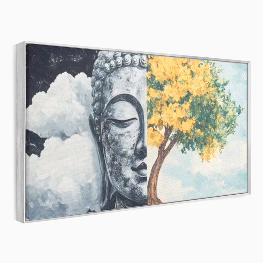 Tablou canvas cu tablou canvas cu buddha si copac, in rama de aluminiu argintiu